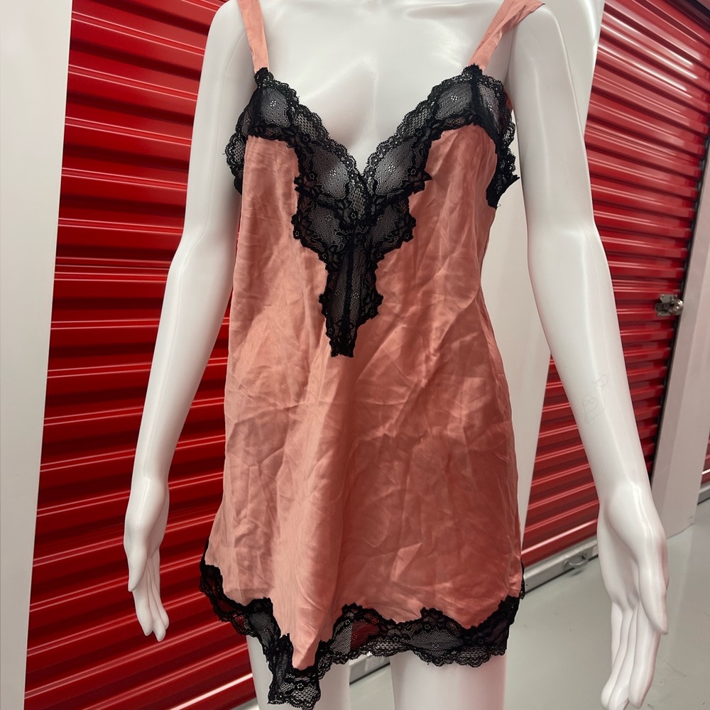 Blush Pink Silk Slip Dress with  Black Lace Trim